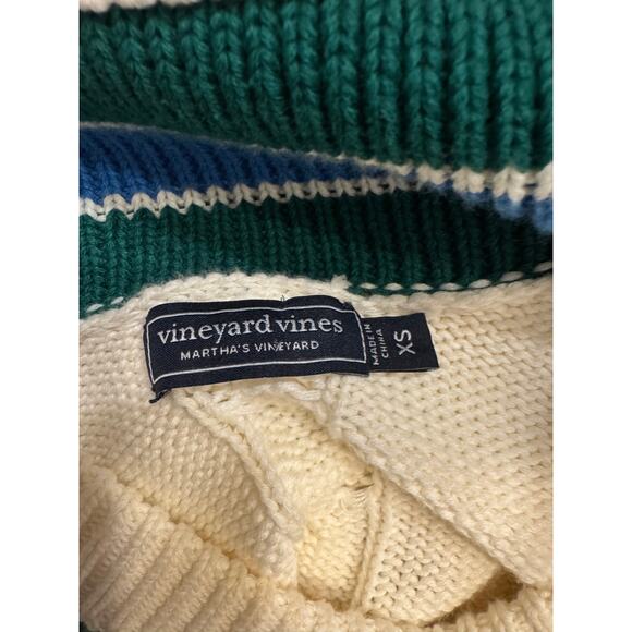 Vineyard Vines Cable V-Neck Varsity Sweater 100% Cotton Blue+Green Stripes (XS) - Picture 5 of 7